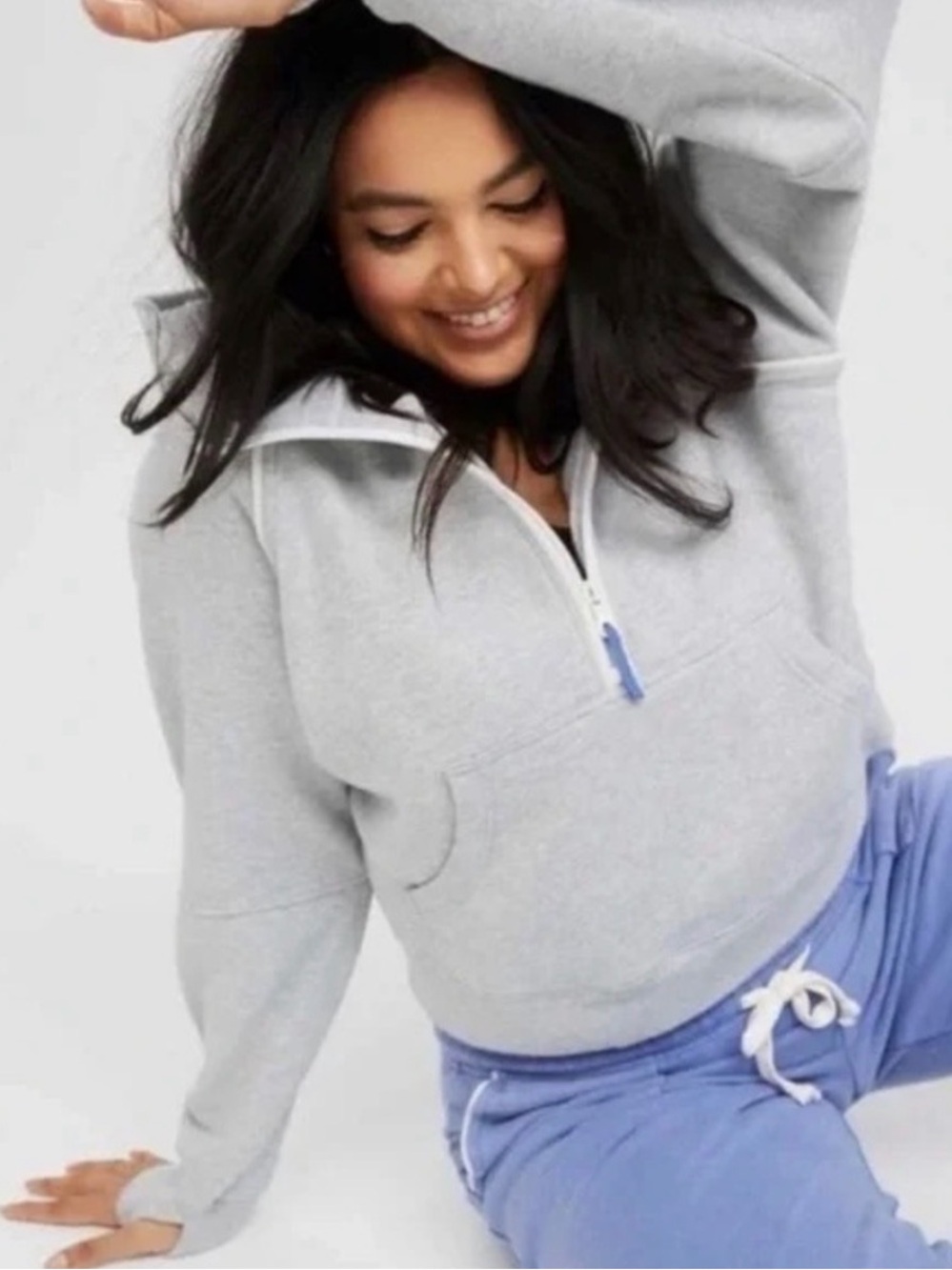 Offline by Aerie Gray Cotton Fleece Cropped Quart Zip, Medium